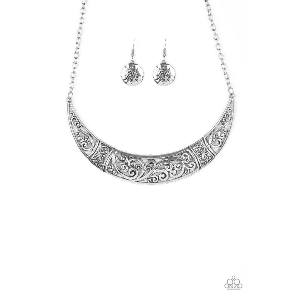Paparazzi Bull In A China Shop Silver Filigree Crescent Collar Necklace Earrings